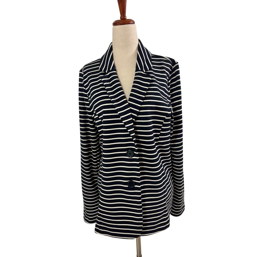 J Jill Navy White Striped Blazer Jacket Medium 2 Button Stretch Knit Excellent